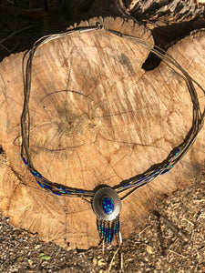 NATIVE SILVER NECKLACE Unisex Vintage Liquid Silver Multi Chain Lapis and Malachite