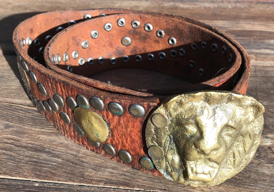 VINTAGE LION BELT Rare Women's Cast Iron Leather Studded