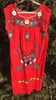 Embroidered Mexican Dress Huipil Style Red with Red White & Blue Flowers