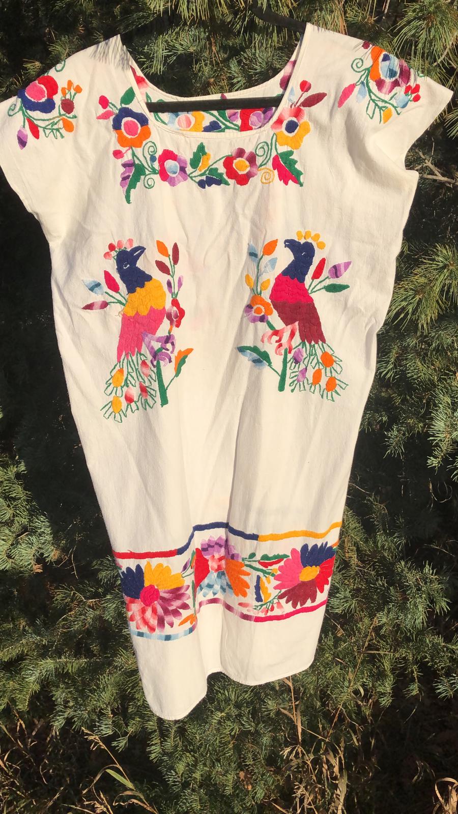 EMBROIDERED FLOWER DRESS White with Multi-Color Birds Front & Back