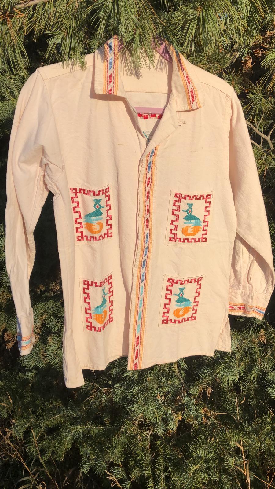 EMBROIDERED VINTAGE SHIRT 1960s Handmade Mexican Birds Unisex Collared Button Up