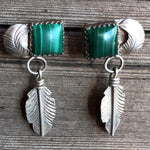 NATIVE MALACHITE EARRINGS Vintage Navajo Leaf Sterling Silver Post Dangle