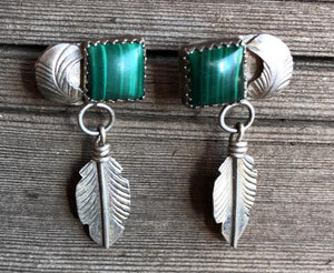 NATIVE MALACHITE EARRINGS Vintage Navajo Leaf Sterling Silver Post Dangle