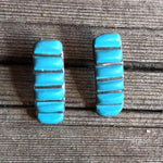 VINTAGE TURQUOISE EARRINGS Posts Zuni Thick Inlay Native American Sterling Silver Stamped