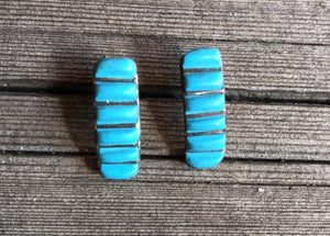 VINTAGE TURQUOISE EARRINGS Posts Zuni Thick Inlay Native American Sterling Silver Stamped