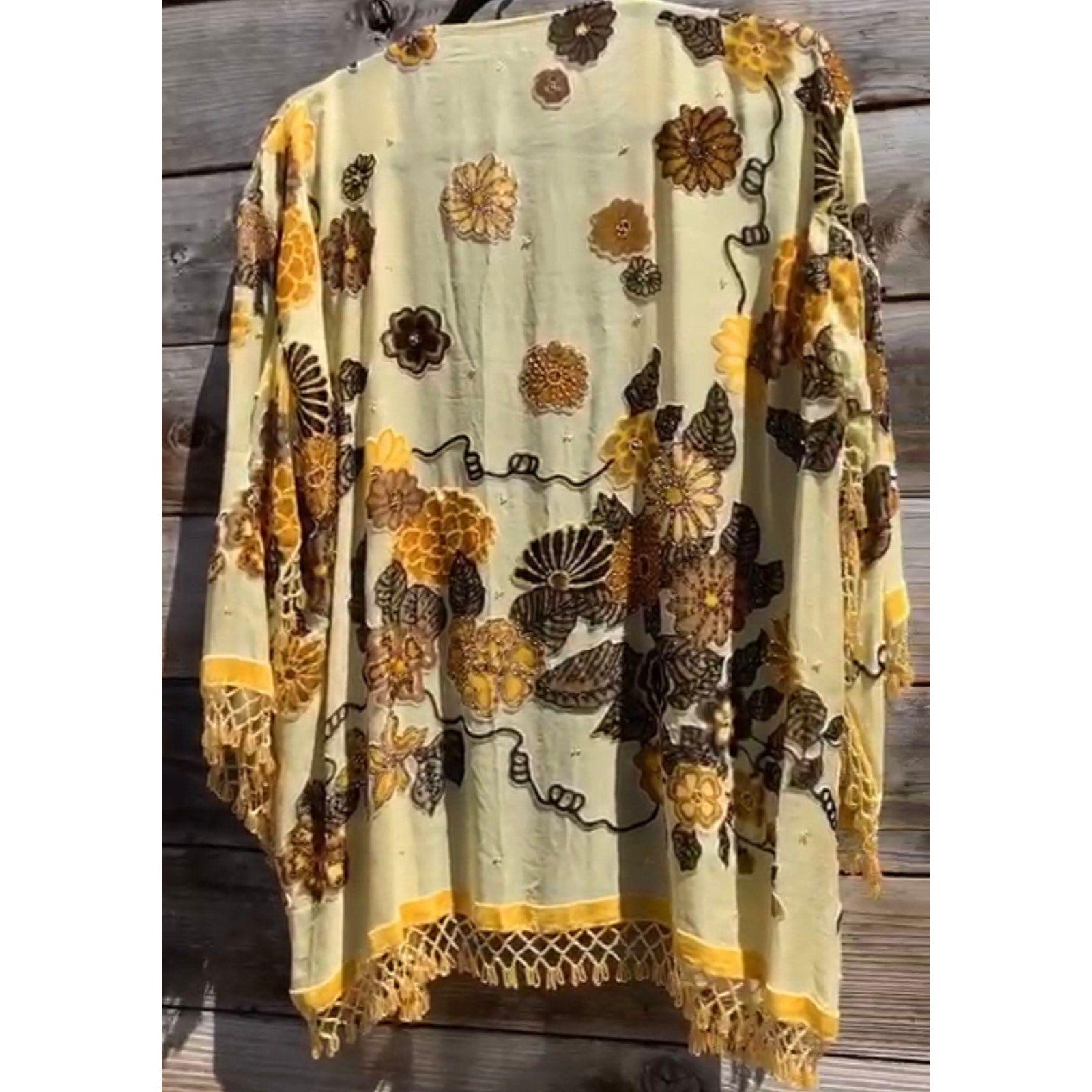 YELLOW SILK KIMONO Short Jacket Hand Beaded 100% Silk Flower Garden