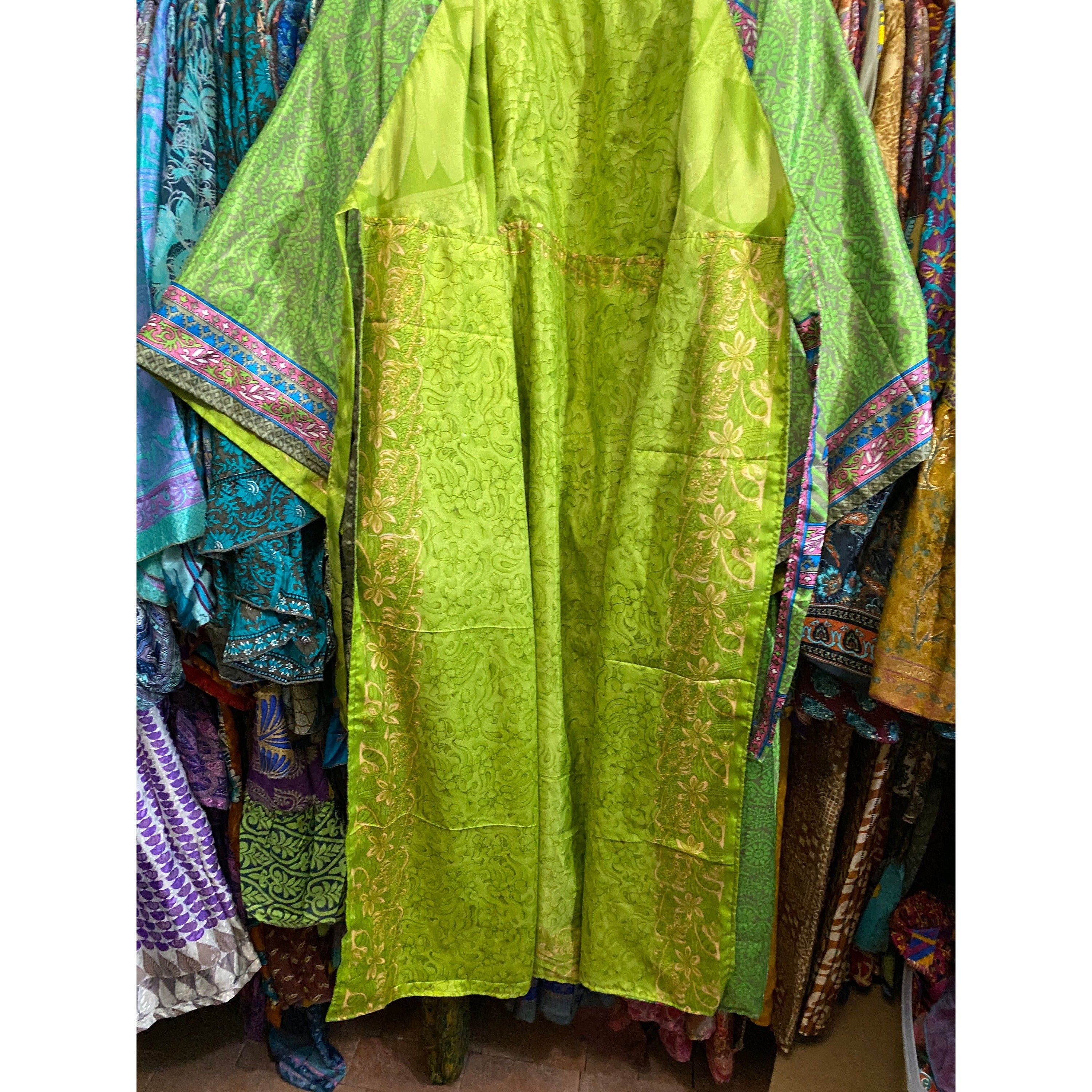 REVERSIBLE SILK ROBE Lime Green 100% Silk Long-Sleeve Maxi Dress Pocket One Size Fits All Plum Pink Wrap Dress