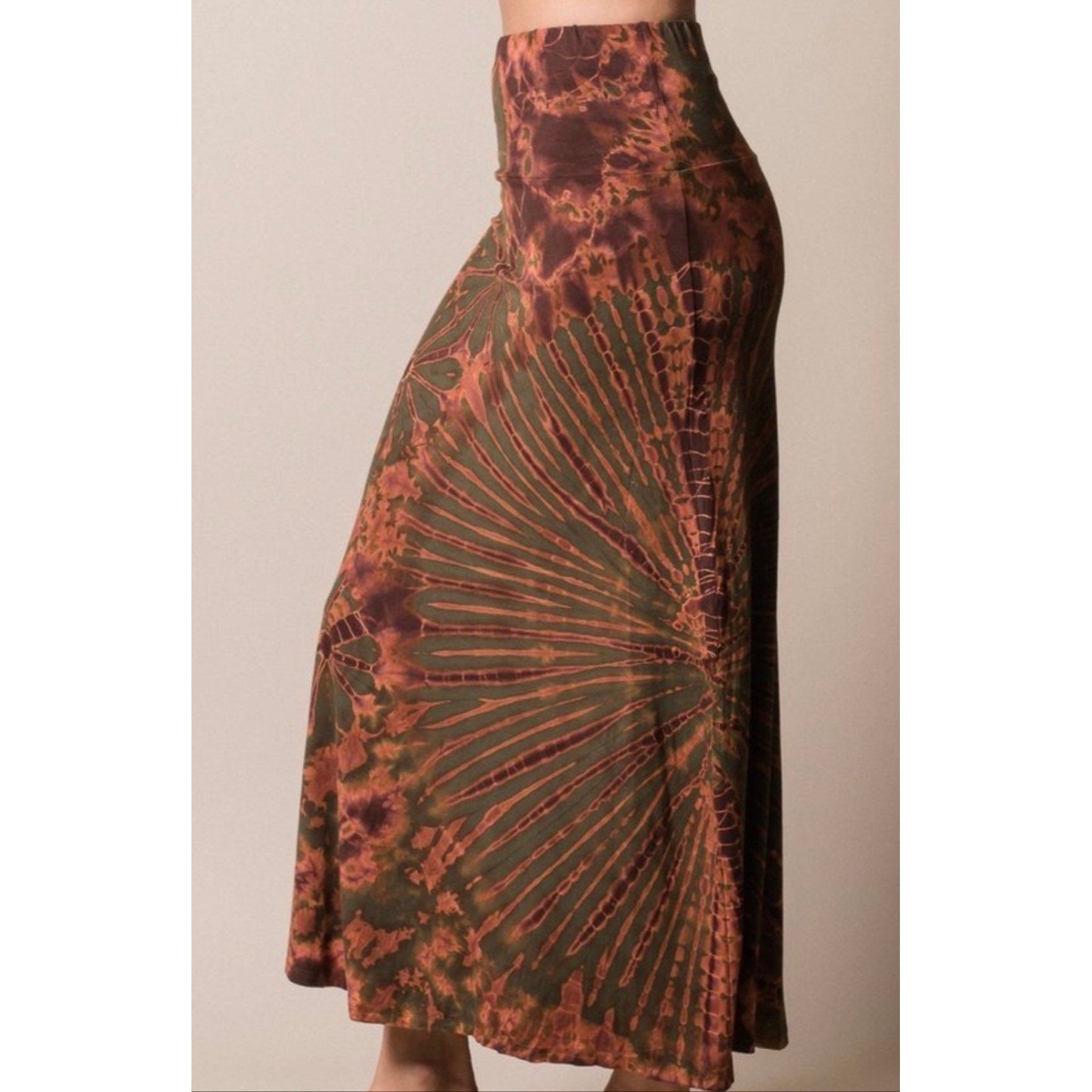 TIE DYE SKIRT Maxi Green Rust Earth Tone Rayon Stretch