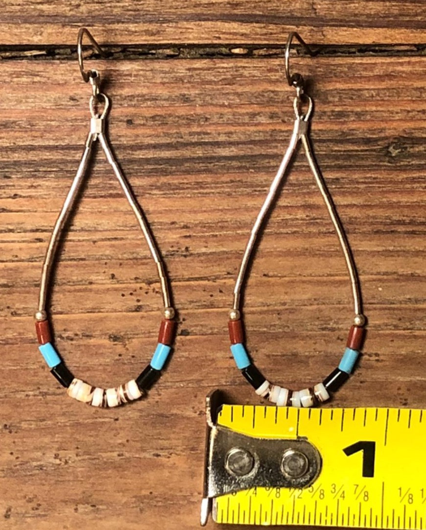 SILVER BEADED EARRINGS Zuni Mini Sterling  with Coral Turquoise