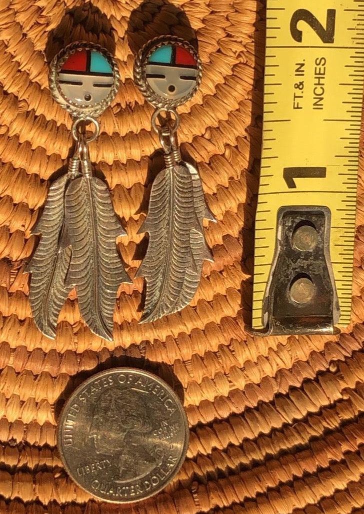 FEATHER NATIVE EARRINGS Zuni Native Sunface Sterling Silver Abalone Coral Turquoise Inlay