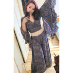 SILK PANTS SET Palazzo Wide Bell Purple Paisley Bell Sleeve Boho Hippie Festival 70% silk xs to 5x plus