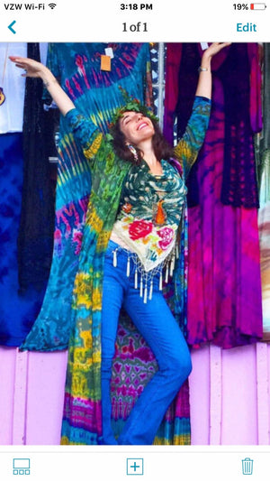 Happy Black Rainbow Tie Dye Bohemian Duster Jacket wjth Pockets