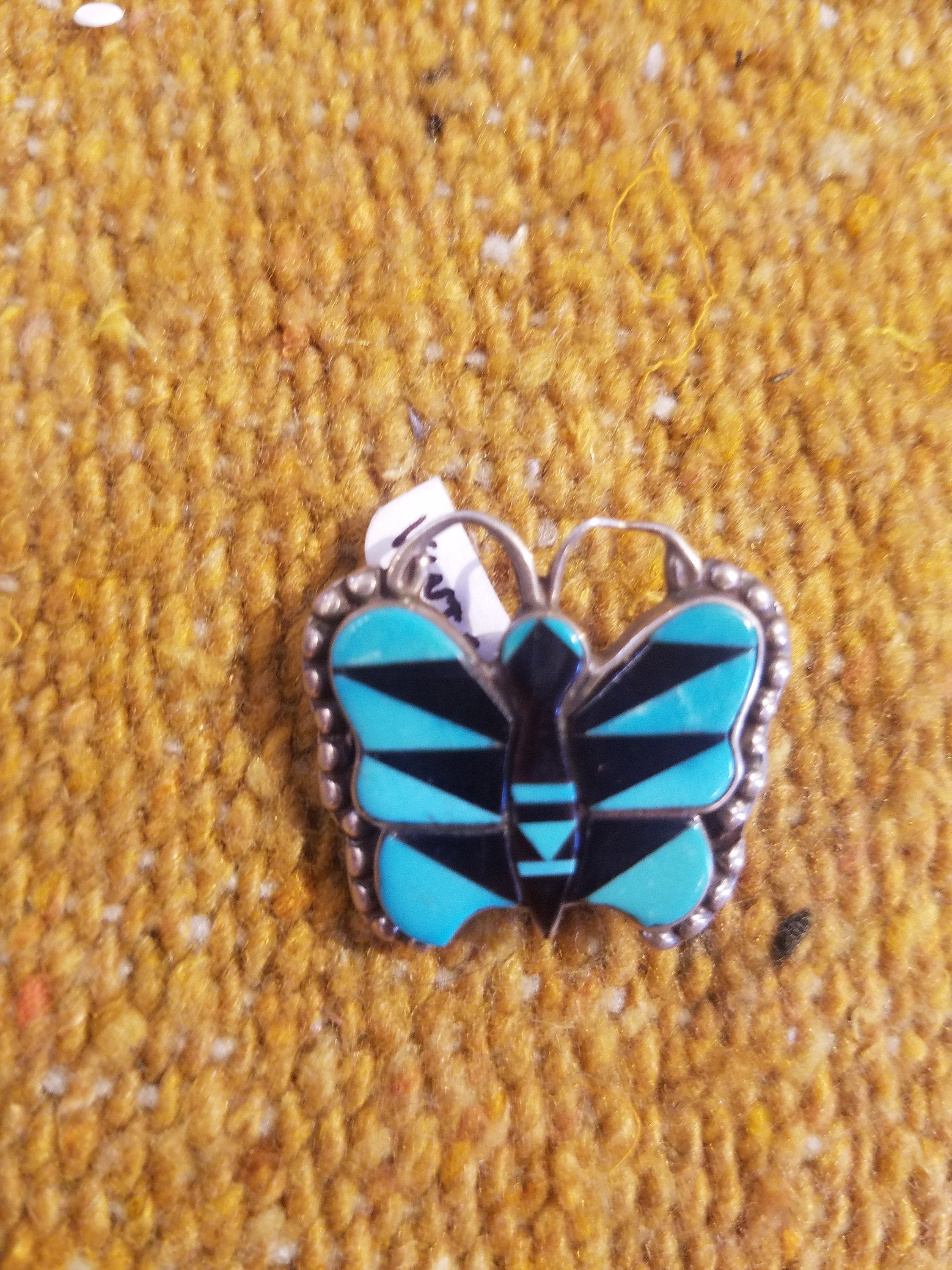 NATIVE INLAY PENDANT Vintage Zuni butterfly Pin Unisex turquoise and Ony