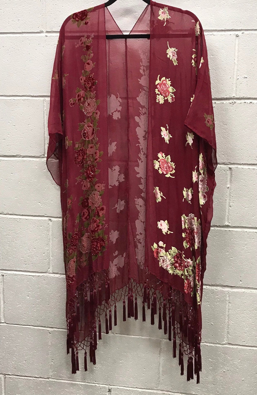 Wine Beaded Silk Kimono Plus One Size Fits All