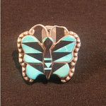 NATIVE INLAY PENDANT Vintage Zuni butterfly Pin Unisex turquoise and Ony