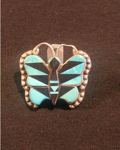 NATIVE INLAY PENDANT Vintage Zuni butterfly Pin Unisex turquoise and Ony