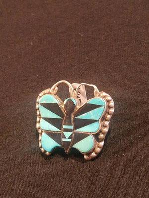 NATIVE INLAY PENDANT Vintage Zuni butterfly Pin Unisex turquoise and Ony