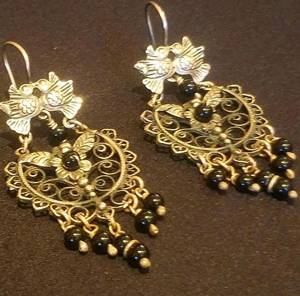 STERLING SILVER EARRINGS Handmade Filigree Birds Chandelier Onyx stones