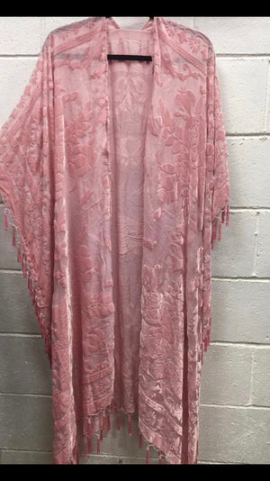 BURNOUT VELVET Queen Pastel Pink Silk Rayon Kimono One Size Plus