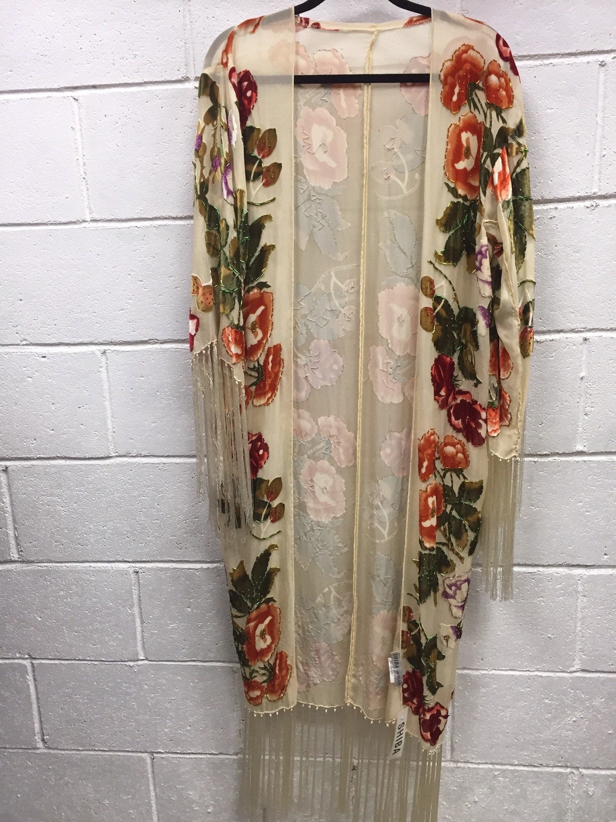 HAND-BEADED FLOWER KIMONO Burnout Silk Velvet Handmade Handbeaded Flower Gypsy Fringed Kimono Duster