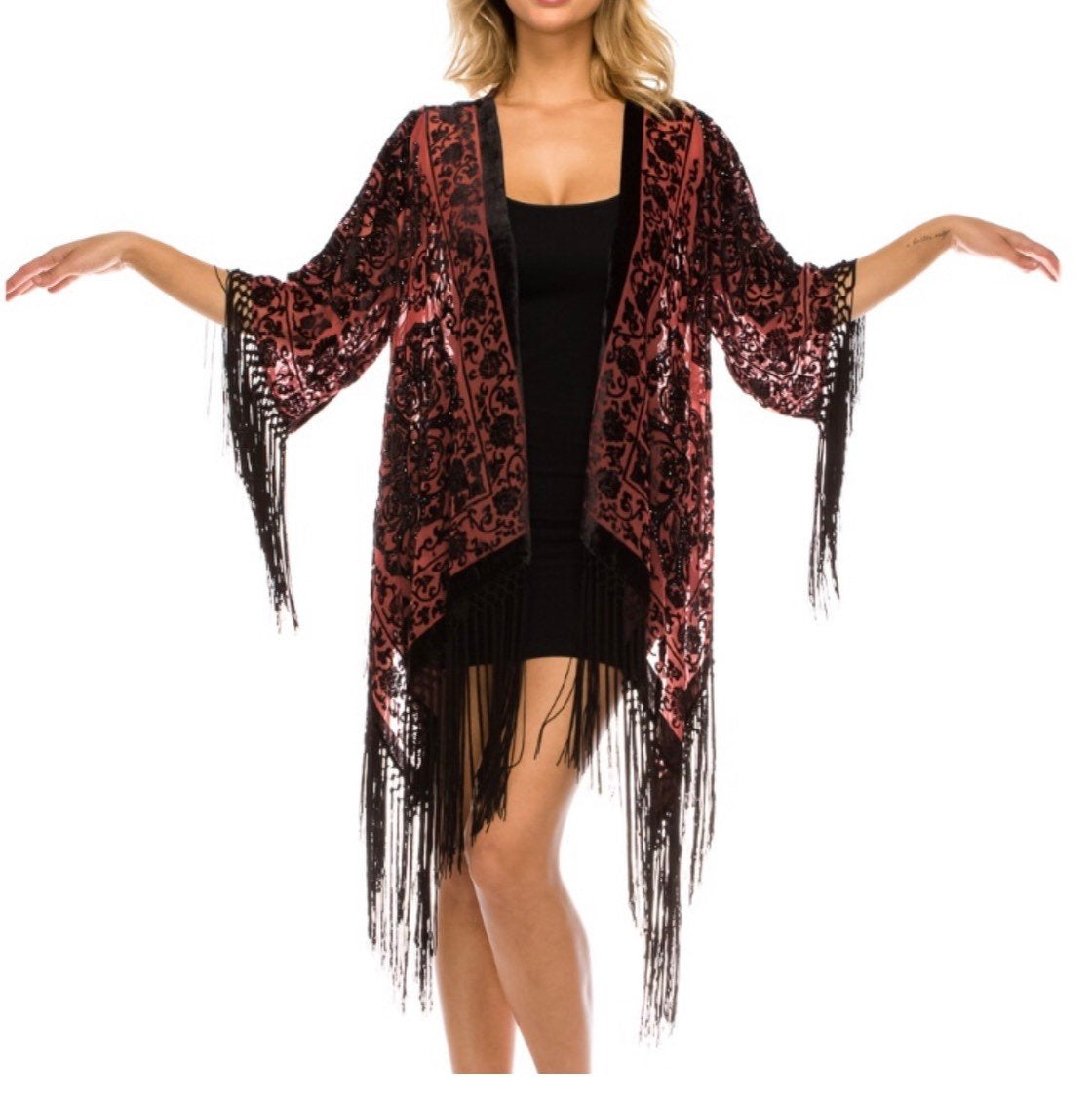 HIPPIE BEADED KIMONO Boho Burnout Silk Velvet Hippie one Size