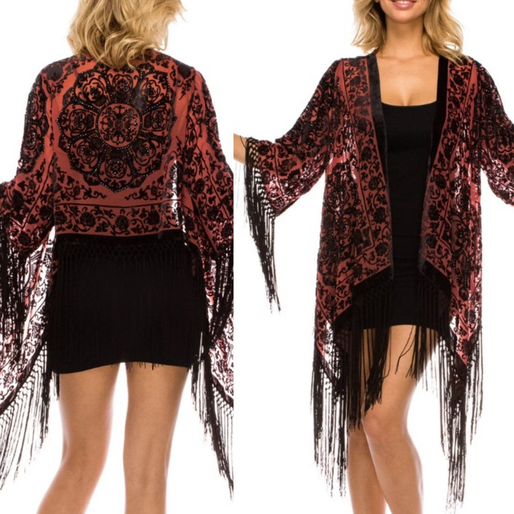 HIPPIE BEADED KIMONO Boho Burnout Silk Velvet Hippie one Size