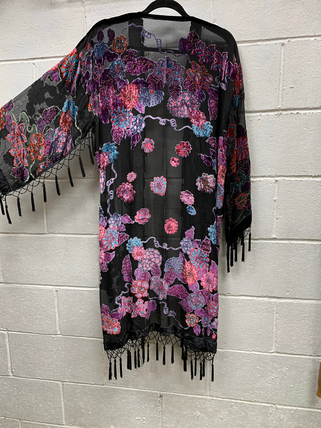 BURNOUT SILK KIMONO BLack Velvet Floral HAndbeAded