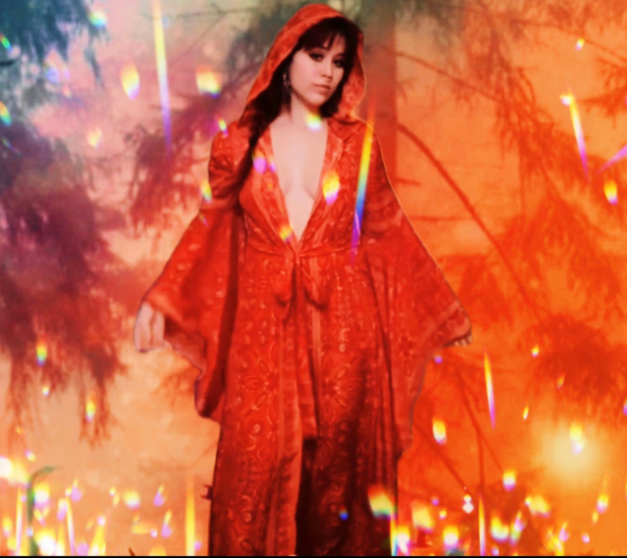 Sorceress Hooded Silk Robe – Wrap Dress or Kimono | Black or Red | Renaissance Boho Magic