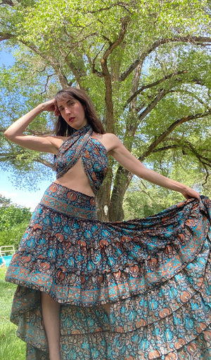 Rhiannon Scarf Silk Skirt Set – Black Groovy Print Boho Hippie