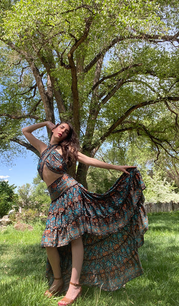 Rhiannon Scarf & Silk Skirt Set – Black Groovy Print | Boho Hippie