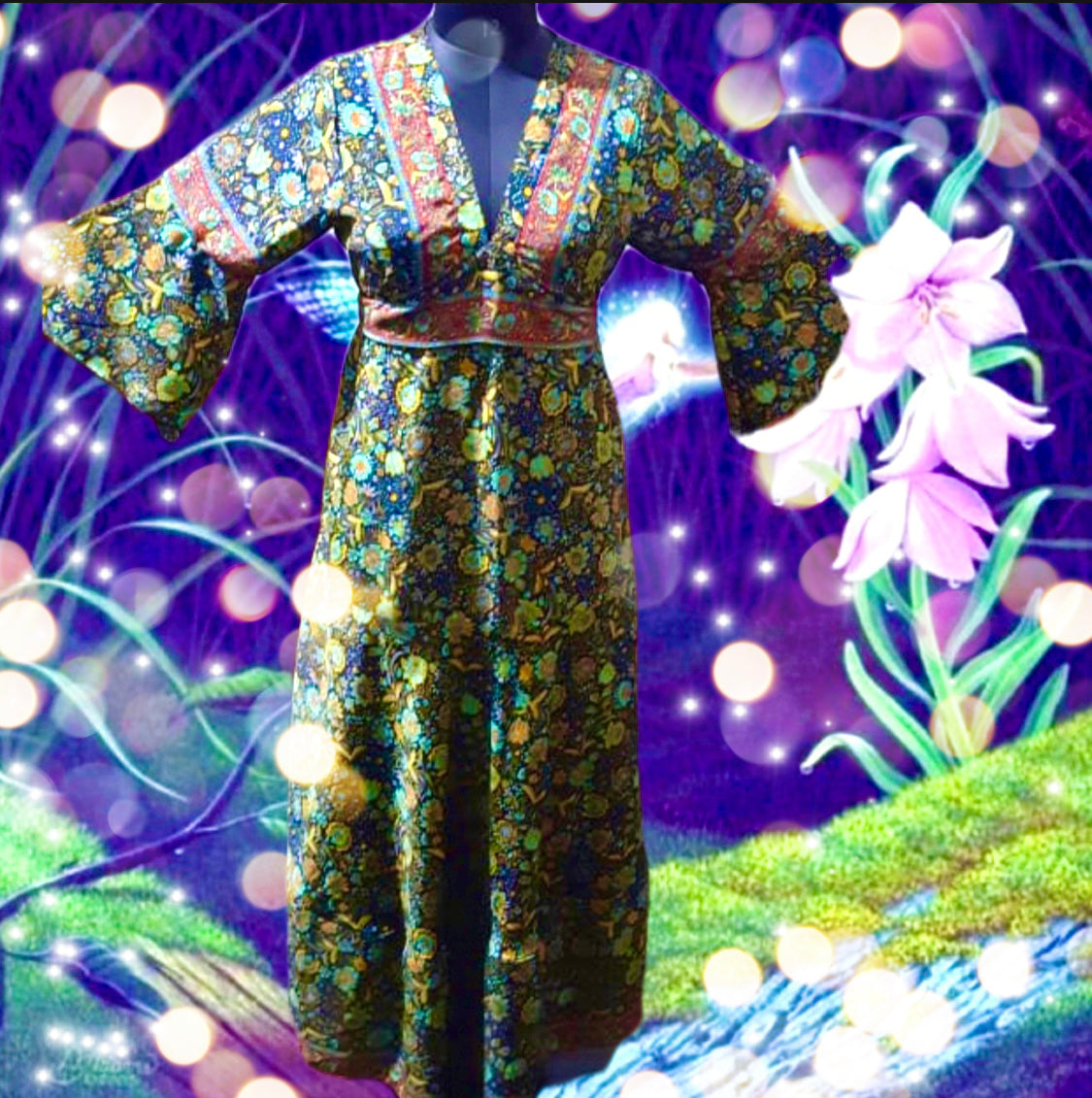 Spring Boho Dress Moonlight Garden Silk Blend Hippie with Bell Sleeve 2X/3X Spring Boho Dress Moonlight Garden Silk Blend Hippie with Bell Sleeve 2X/3X