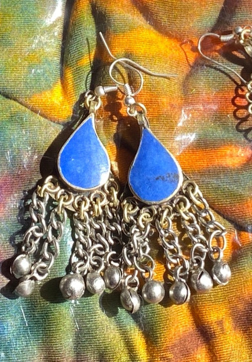 LAPIS TRIBAL EARRINGS with Bells Dangles Holiday Gift