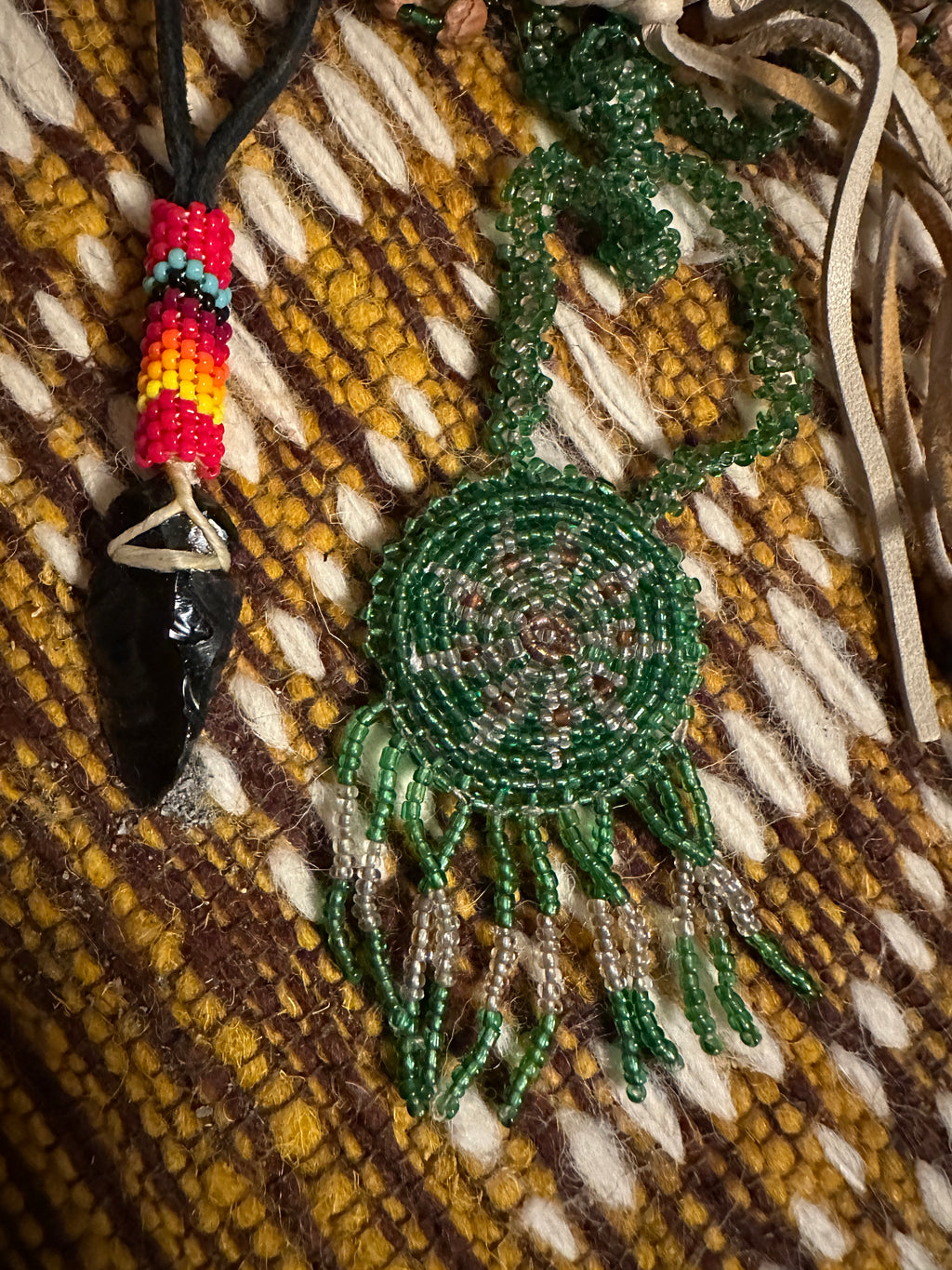 NATIVE UNISEX NECKLACE Green Star with Fringe Navajo Handcrafted Bead With Juniper Star