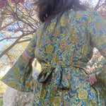 SPRING BOHO DRESS Tinkerbell Print Paisley Silk Blend Hippie With Bell Sleeve