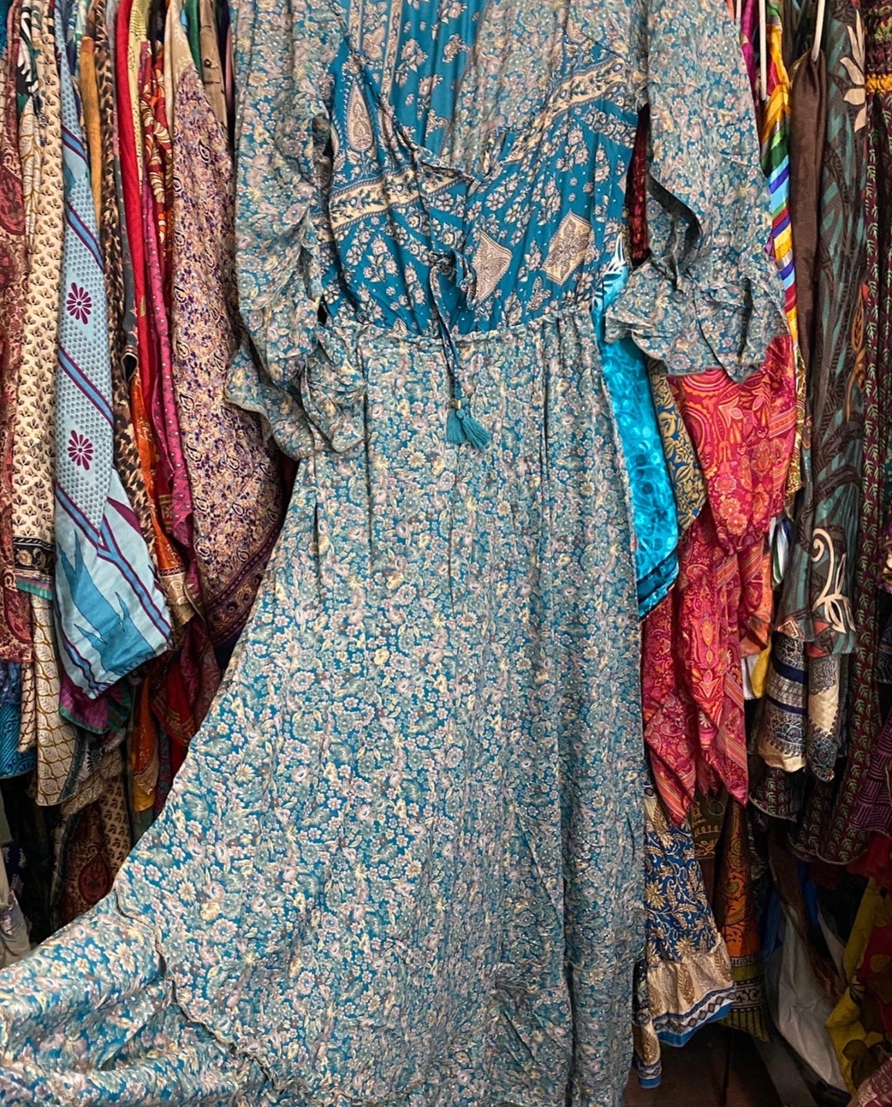 3/4 SLEEVE 100% SILK Blue Bell VINTAGE DRESS Fits to Xl Rose Maxi Long Bell Sleeve Cream Retro Flower