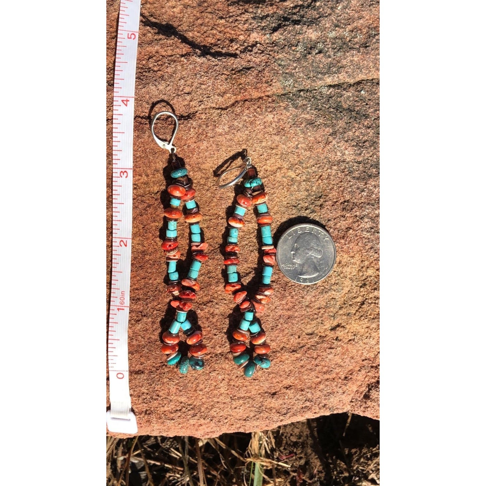 TURQUOISE BEADED EARRING Coral Spiny Oyster Shell Sterling