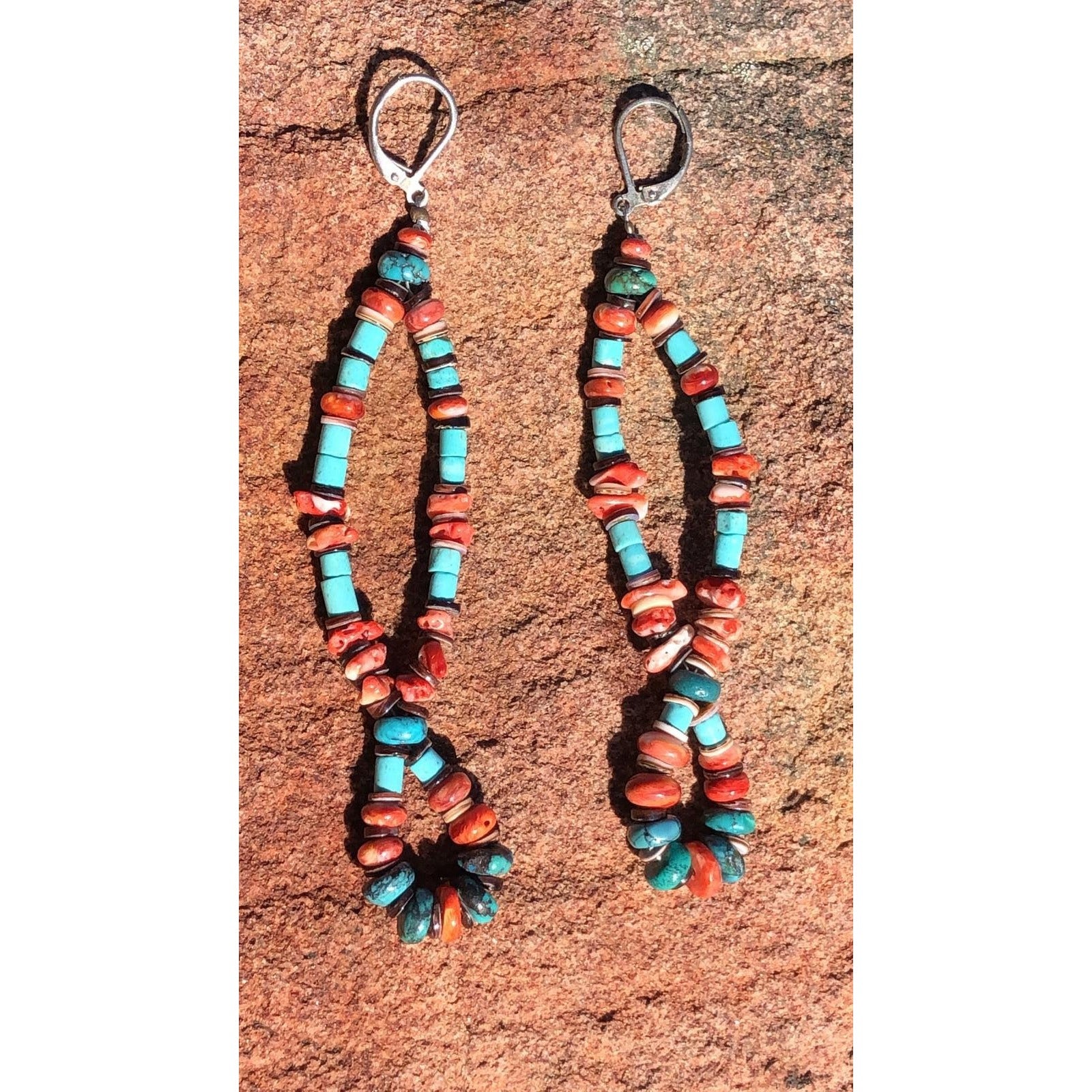 TURQUOISE BEADED EARRING Coral Spiny Oyster Shell Sterling